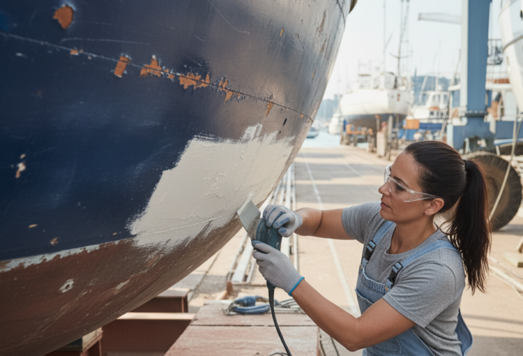 a woman reparing osmosis on a boat