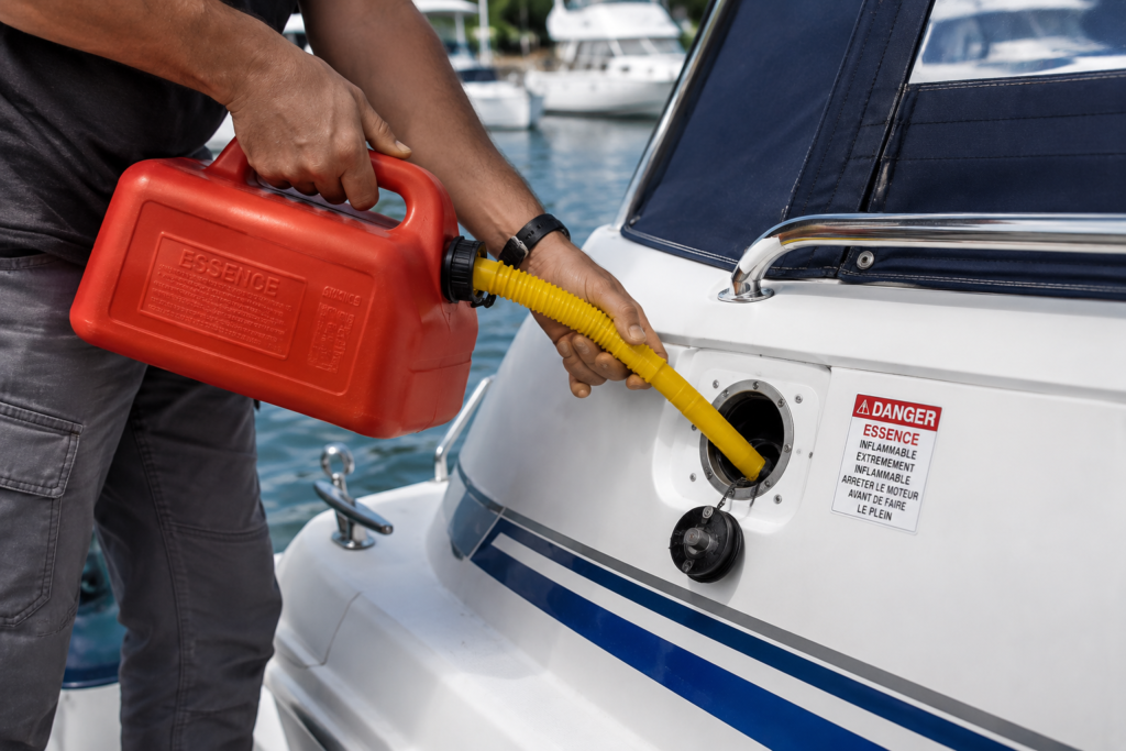 une personne qui fait le plein de carburant de bateau